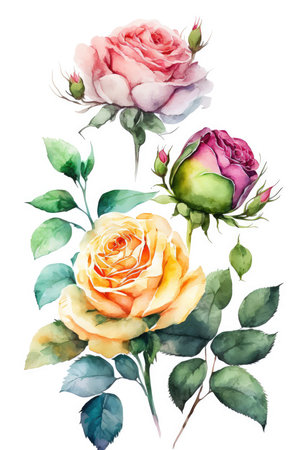 Roses and leaves, watercolor flowers isolated on white background, wedding invitaiton card design made with Generative AI, Ai artの素材