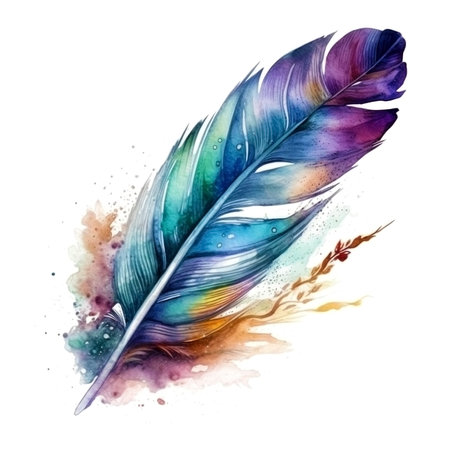 Watercolor feathers isolated, colorful holographic rainbow color made with generative AIの素材