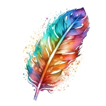 Watercolor feathers isolated, colorful holographic rainbow color made with generative AIの素材