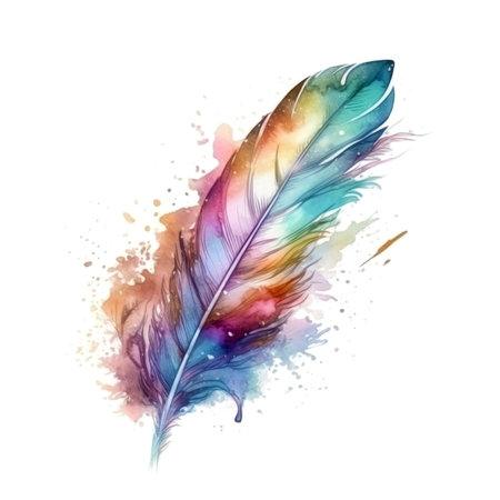 Watercolor feathers isolated, colorful holographic rainbow color made with generative AIの素材