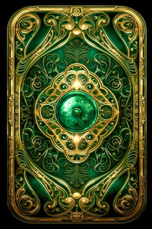 Ornamental fantasy card deck back design with gems and gold filigree made with Generative AIの素材