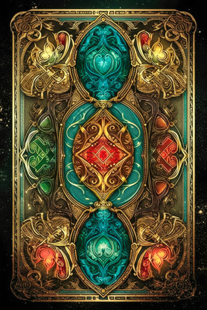Ornamental fantasy card deck back design with gems and gold filigree made with Generative AIの素材