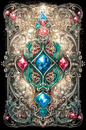 Ornamental fantasy card deck back design with gems and gold filigree made with Generative AIの素材