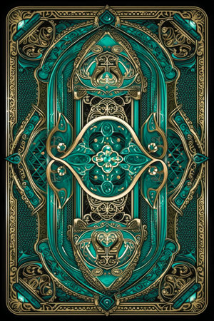 Ornamental fantasy card deck back design with gems and gold filigree made with Generative AIの素材