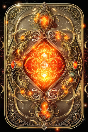 Ornamental fantasy card deck back design with gems and gold filigree made with Generative AIの素材