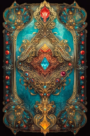 Ornamental fantasy card deck back design with gems and gold filigree made with Generative AIの素材