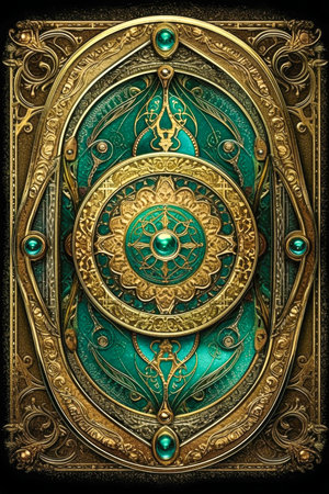 Ornamental fantasy card deck back design with gems and gold filigree made with Generative AIの素材