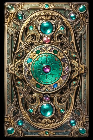 Ornamental fantasy card deck back design with gems and gold filigree made with Generative AIの素材