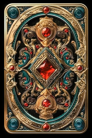 Ornamental fantasy card deck back design with gems and gold filigree made with Generative AIの素材