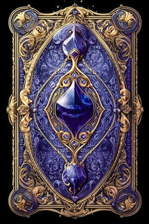 Ornamental fantasy card deck back design with gems and gold filigree made with Generative AIの素材