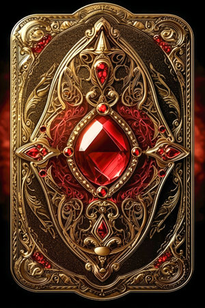 Ornamental fantasy card deck back design with gems and gold filigree made with Generative AIの素材