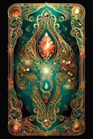Ornamental fantasy card deck back design with gems and gold filigree made with Generative AIの素材