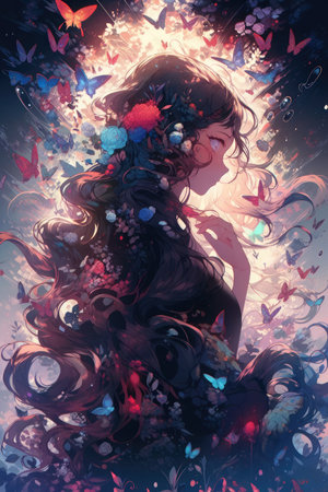 Anime girl portrait, spring goddess, flower forest, full of light, made with Generative AIの素材