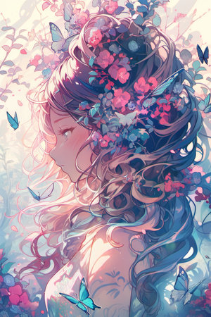 Anime girl portrait, spring goddess, flower forest, full of light, made with Generative AIの素材