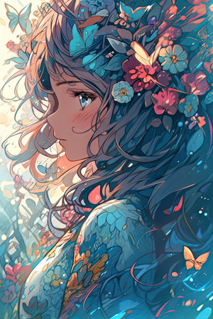 Anime girl portrait, spring goddess, flower forest, full of light, made with Generative AIの素材