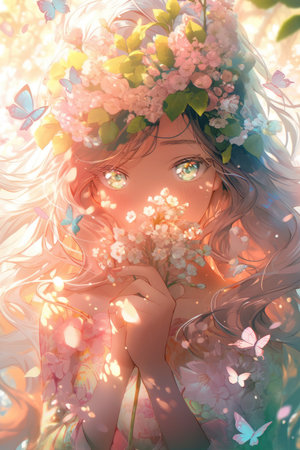 Anime girl portrait, spring goddess, flower forest, full of light, made with Generative AIの素材
