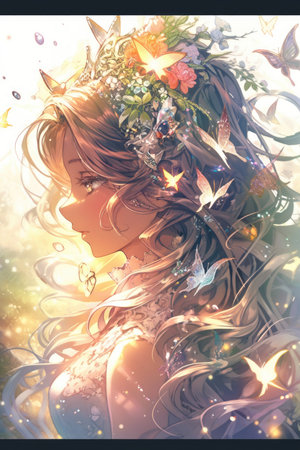 Anime girl portrait, spring goddess, flower forest, full of light, made with Generative AIの素材