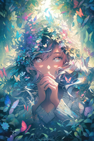 Anime girl portrait, spring goddess, flower forest, full of light, made with Generative AIの素材