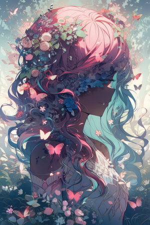 Anime girl portrait, spring goddess, flower forest, full of light, made with Generative AIの素材