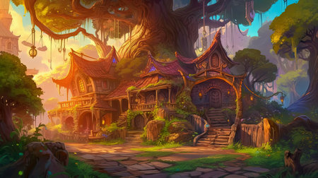 Casual game background, casual bright colors, 2d game landscape, battle screen, made with Generative AIの素材