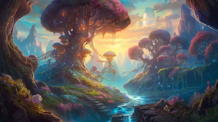 Casual game background, casual bright colors, 2d game landscape, battle screen, made with Generative AIの素材