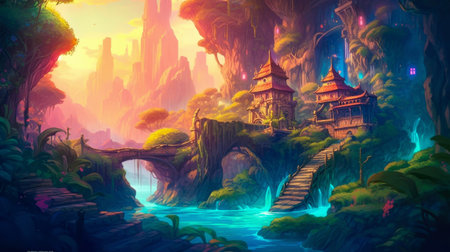 Casual game background, casual bright colors, 2d game landscape, battle screen, made with Generative AIの素材