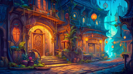 Casual game background, casual bright colors, 2d game landscape, battle screen, made with Generative AIの素材