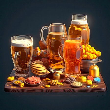Cold beer with snacks, in style of painting, made with Generative AIの素材