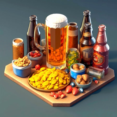 Cold beer with snacks, in style of painting, made with Generative AIの素材