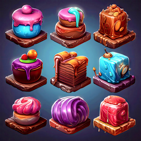 Colorful cakes with cream and berries, different tastes, juicy colors, in style of painting. Casual 2d game asset. Food icons made with Generative AIの素材