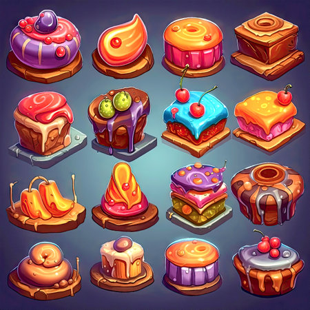 Colorful cakes with cream and berries, different tastes, juicy colors, in style of painting. Casual 2d game asset. Food icons made with Generative AIの素材
