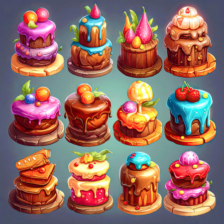 Colorful cakes with cream and berries, different tastes, juicy colors, in style of painting. Casual 2d game asset. Food icons made with Generative AIの素材