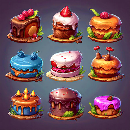 Colorful cakes with cream and berries, different tastes, juicy colors, in style of painting. Casual 2d game asset. Food icons made with Generative AIの素材