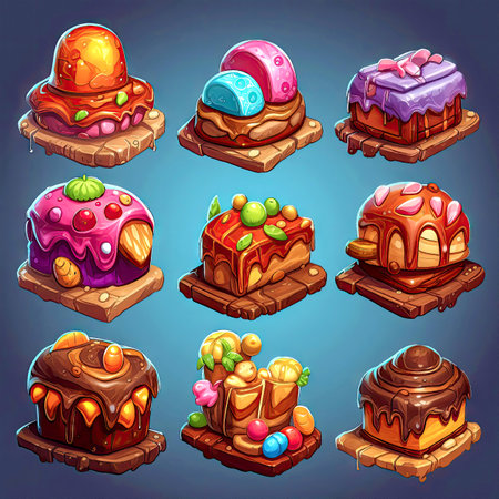Colorful cakes with cream and berries, different tastes, juicy colors, in style of painting. Casual 2d game asset. Food icons made with Generative AIの素材