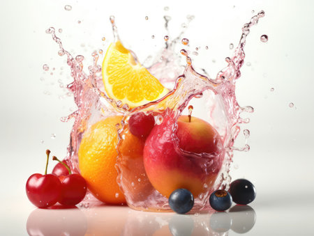 Sliced fruits surrounded by water splashes. Photorealistic Generative AI. Vegetarian vitamin food digital photo. Ai artの素材