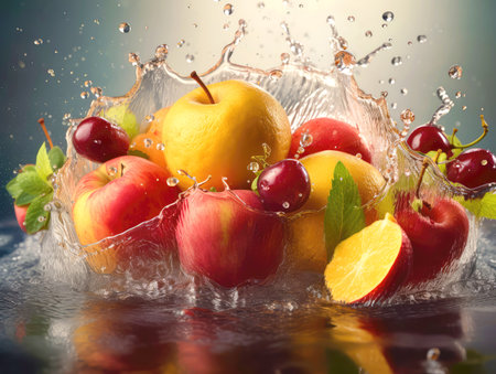 Sliced fruits surrounded by water splashes. Photorealistic Generative AI. Vegetarian vitamin food digital photo. Ai artの素材