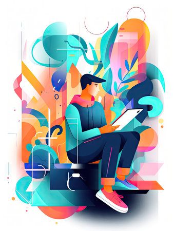 User inspired with gadgets. Flat technical illustration of user with smartphone, tablet. Made with Generative AIの素材