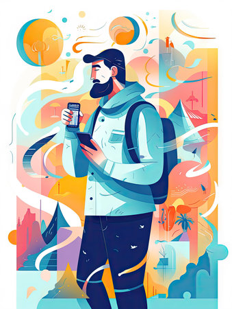 User inspired with gadgets. Flat technical illustration of user with smartphone, tablet. Made with Generative AIの素材