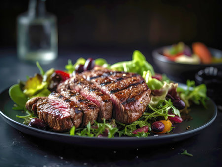Photorealistic beef meat with salat made with Generative AI. Juicy meat with fresh vegetablesの素材