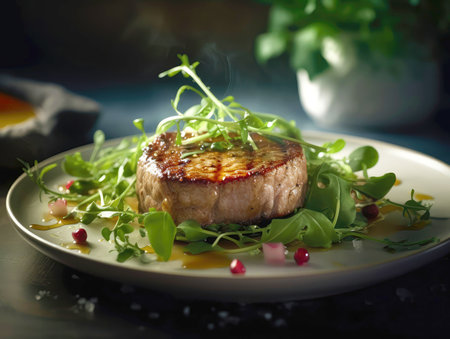 Photorealistic beef meat with salat made with Generative AI. Juicy meat with fresh vegetablesの素材