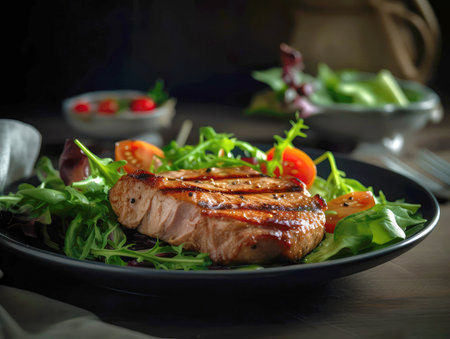 Photorealistic beef meat with salat made with Generative AI. Juicy meat with fresh vegetablesの素材