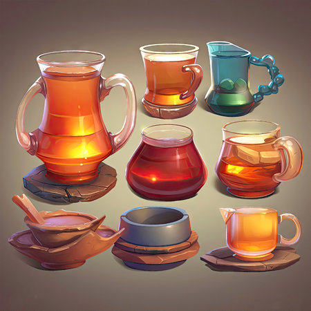 Colorful mugs and teapots with different teas, in style of painting. Casual 2d game style illustration made with Generative AIの素材