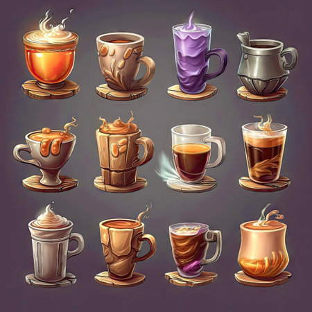 Coffee icons, elements. Fantasy mugs, different shapes and color. Collection of different sort of coffee. 2d casual game style. Simple cartoon illustration made with Generative AIの素材