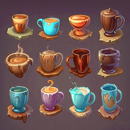 Coffee icons, elements. Fantasy mugs, different shapes and color. Collection of different sort of coffee. 2d casual game style. Simple cartoon illustration made with Generative AIの素材