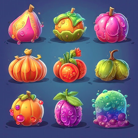 Collection of juicy colorful fruits icons, elements. Collection of different sort of fruits. 2d casual game style. Simple cartoon illustration made with Generative AIの素材