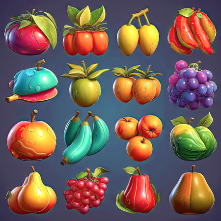Collection of juicy colorful fruits icons, elements. Collection of different sort of fruits. 2d casual game style. Simple cartoon illustration made with Generative AIの素材