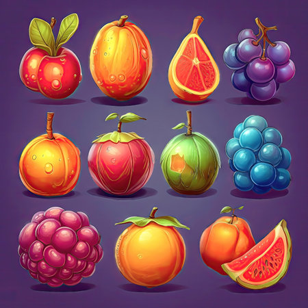 Collection of juicy colorful fruits icons, elements. Collection of different sort of fruits. 2d casual game style. Simple cartoon illustration made with Generative AIの素材
