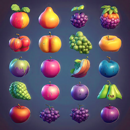 Collection of juicy colorful fruits icons, elements. Collection of different sort of fruits. 2d casual game style. Simple cartoon illustration made with Generative AIの素材