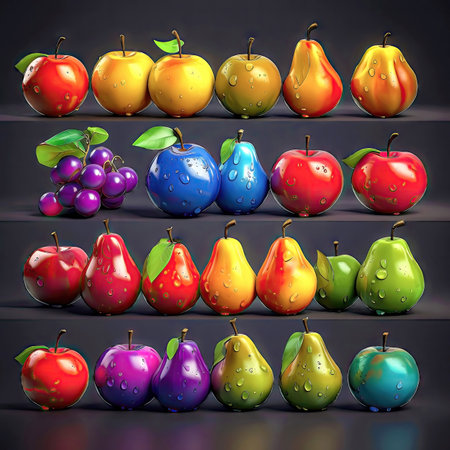 Collection of juicy colorful fruits icons, elements. Collection of different sort of fruits. 2d casual game style. Simple cartoon illustration made with Generative AIの素材