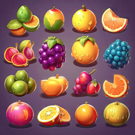 Collection of juicy colorful fruits icons, elements. Collection of different sort of fruits. 2d casual game style. Simple cartoon illustration made with Generative AIの素材